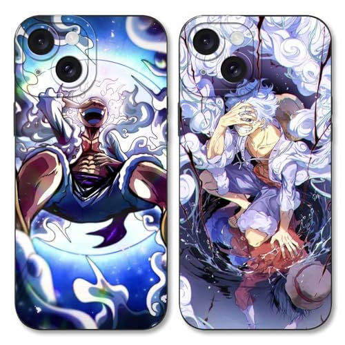 2 Stück Handyhülle für Apple iPhone 15 Hülle 6.1'' Anime Luffy Zoro Gear 5 Sun God Nika Muster Design Manga Mode Case Kameraschutz Schutzhülle Stoßfest TPU Silikon Weich Ultra Dünn Schwarz1