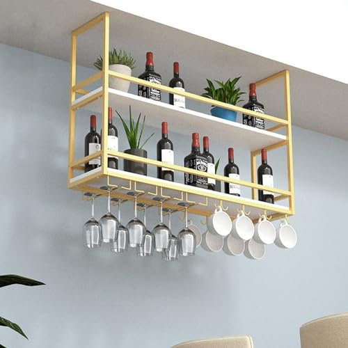 Porta Bottiglie Di Vino Da Soffitto Cantinetta Portabottiglie Di Vino Da Soffitto Con Portabicchieri Da Vino,Americano Retrò Mensola Da Soffitto,decorativo Adatto Per Cucina Domestica,bar ( Color : Go