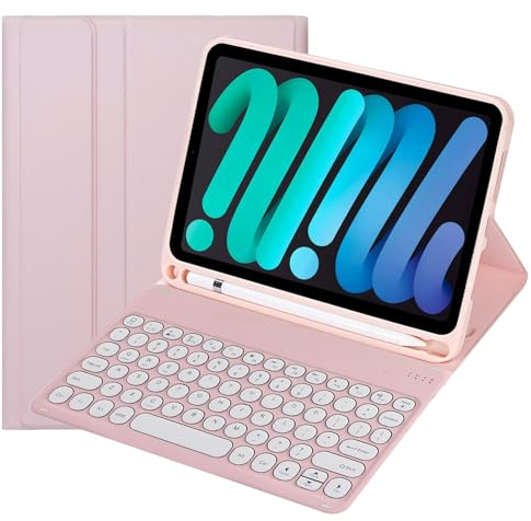 KcoxdCn Étui avec clavier fin aux couleurs bonbon compatible avec iPad Mini 7 (A17 Pro) 2024/iPad Mini 6 (2021) 8,3 avec porte-crayon, support à angles multiples, clavier sans fil amovible (rose)