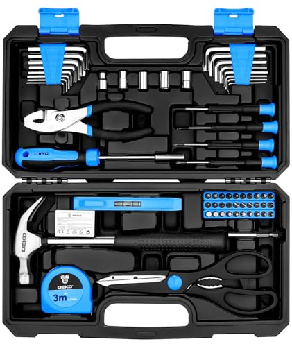DEKO Tool Kit:Tool Set, Hand Tool Kit Box DIY for Men 62 Pieces, Home Repair DIY Tools Basic Hand Toolbox Sets for Home Blue
