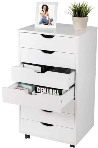 SFAREST Mobile File Cabinet, 7-Drawer Lateral Stationery Vertical Rolling Filing Cabinet with Lockable Wheels, Wooden Under Desk Storage Cabinets for Home Office (White)