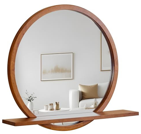 Wandspiegel mit Ablage - Holz Kreis Spiegel für Eingangsbereich, Bad & Wohnzimmer - Einzigartige Eleganz & Multifunktionales Design - 61 cm