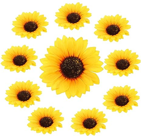 AOKWAWALIY 10 Stück künstliche Sonnenblumen, Seide, Sonnenblumen-Arrangement, zum Aufnähen, für Taschen, Rucksäcke, künstliche Blütenköpfe, Jacken, Sonnenblumen, individuelle Kleidung, Seidentuch