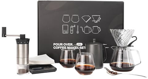 SuperCook Hand Drip Pour Over Coffee Set, All in One Includes Gooseneck Kettle, V60 Glass Dripper, Paper Filter, Coffee Cups, Manual Grinder, Coffee Scale, Ideal for Anniversary Birthday Gift