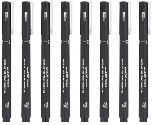 Uni Pin Fineliner Zeichenstifte Stifte, schwarze Tinte, 0,5 mm Spitze, 8 Stück