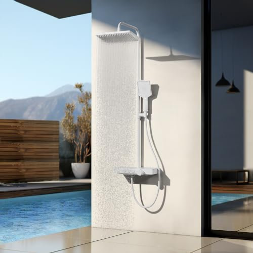 EMKE Colonna doccia thermostat, ripiani in vetro 36 x 14 cm, doccetta, 3 tipi di getto, doccia a pioggia, bocca di erogazione, montaggio a parete, certificazione KTW, bianco