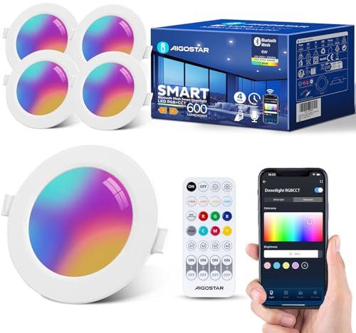Aigostar Einbaustrahler LED Downlight, 6W Smart Decken Einbaulampe RGB+CCT Kompatibel mit Alexa Bluethooth Mesh, Farbtemperatur 2700K-6500K, IP44 Einbauleuchte mit Fernbedienung, Ф100-110mm, 4 Stück
