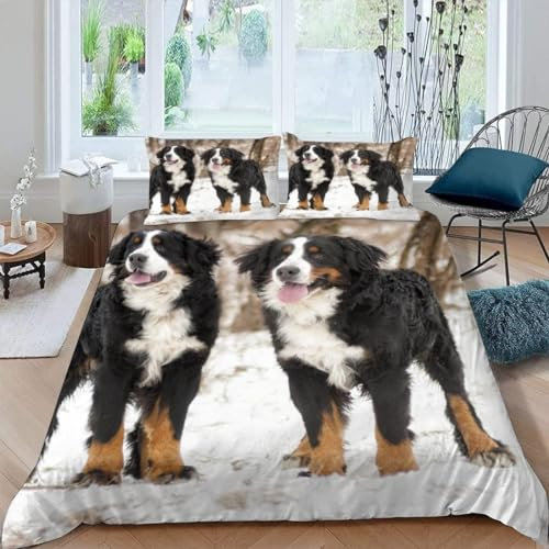 3D Schweizer Bettwäsche 200x200 Hunde 3 Teilig Weiche Mikrofaser Bettwäsche Schweizer Bettbezug Set und 2 Kissenbezug 80x80 cm mit Reißverschluss