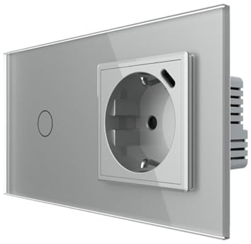 LIVOLO Glas Touch Lichtschalter und Steckdose mit USB-C 18W Anschluss Zweifach im Glasrahmen Grau Sensorschalter Ladedose Schuko USB TYP C Unterputz Einbau VL-C701-FCTF16A-C1-SR-15