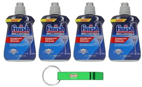 4 x Finish Brillasciuga, detersivo per lavastoviglie, impedisce la formazione di macchie d'acqua e striature, asciugatura efficace, 50 lavaggi, 250 ml + portachiavi Beni Culinari gratuito