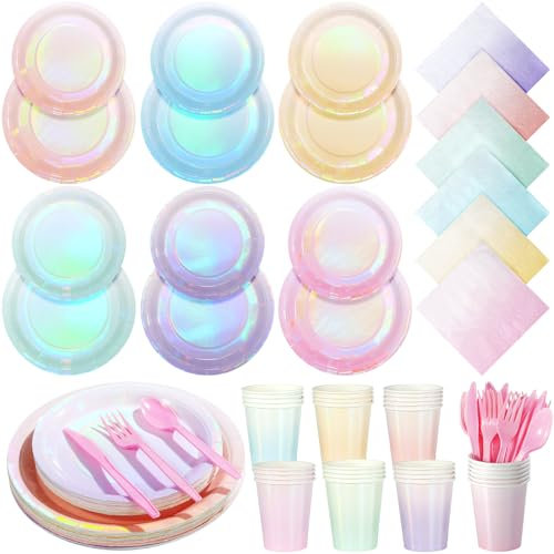 Iridescent Pastel Plates and Napkins Serve 50, Pastel Rainbow Holographic Party Plates Supplies, Disposable Paper Plates Napkins Cups Knives Forks for Birthday Wedding Baby Shower Party Decorations