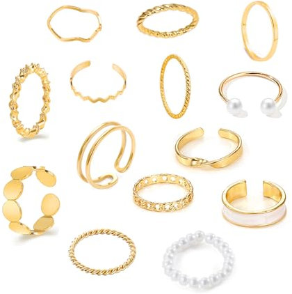 LOCCY 12-16PCS Vintage Silber/Gold Knuckle Ringe Set für Frauen Teen Girls, Boho Snake Stackbare Fingerringe Verstellbarer Böhmisch Stapelbare Gelenkfinger Ringe (Gold Set#2-14Pcs)