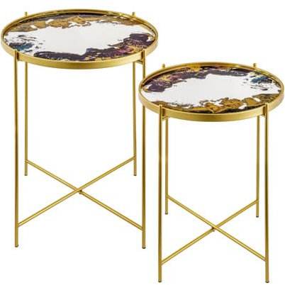 Baroni Home Set 2 Tavolini da Salotto, Tavolini Bassi Effetto Marmo, Coppia di Tavolini da Caffè con Struttura in Metallo Dorato, Oro e Viola