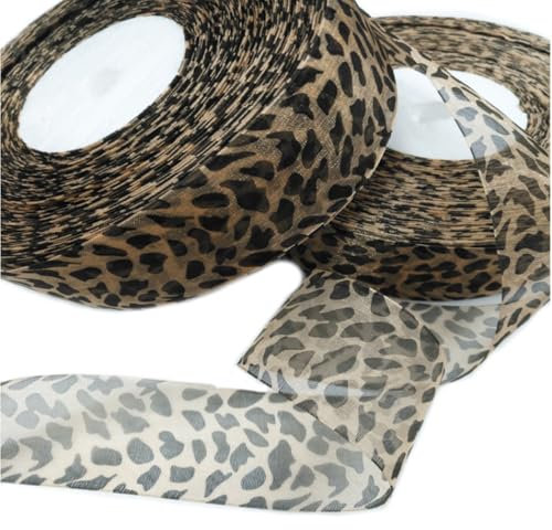 SMTCM 1 Roll Organzaband Leopard 2.5cm*100Yards Ripsband mit Leopardenmuster Chiffonband Geschenkband Schleifenband Leopard Transparent Tierdruck Band Leopardband für DIY Basteln Haarschleife Deko