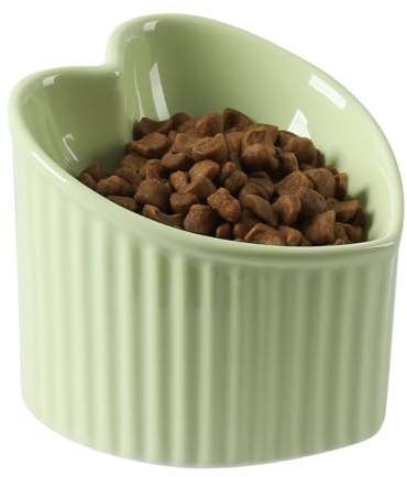 5.5 Inch Raised Tilted Cat Food Bowl, Elevated Ceramic Cat Bowl, Love Heart Shape, Slanted Pet Feeding Dish, Stress Free Feeder Bowl for Kitty, Small Cats, Protect Pet's Spine, 1 Pack - Green