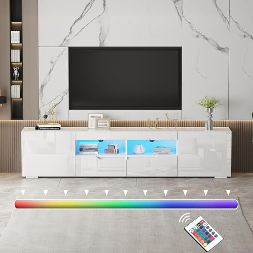 BSTSEL 200CM White/Black High Gloss TV Stand Cabinet Entertainment Unit with LED Lights Free Standing TV Cabinet with Storage for Living Room up to 75 TV (White High Gloss)
