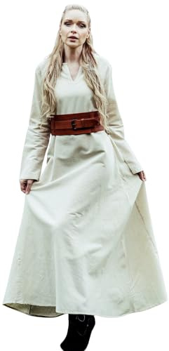 Leonardo Carbone® Damen Kleid Valdis | V-Ausschnitt Design | Fließender Saum | Karneval, Halloween, Cosplay, LARP, Mittelalter, Wikinger, Kostüm, Historisch | 100% Baumwolle Natur 2XL