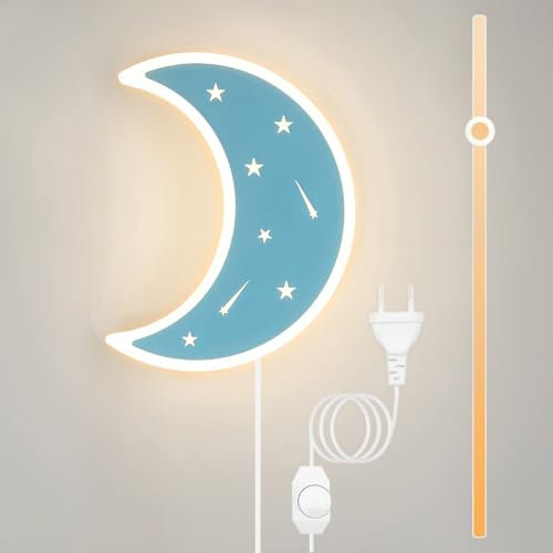 KZT Mond Wandlampe Kinderzimmer Nachtlampe LED Dimmbar Wandleuchte mit Schalter Schlafzimmer Lampe 14W 3000K Warmweiß Wandbeleuchtung für Junge, Kinder Nachttischlampe, 180cm Kabel, Blau