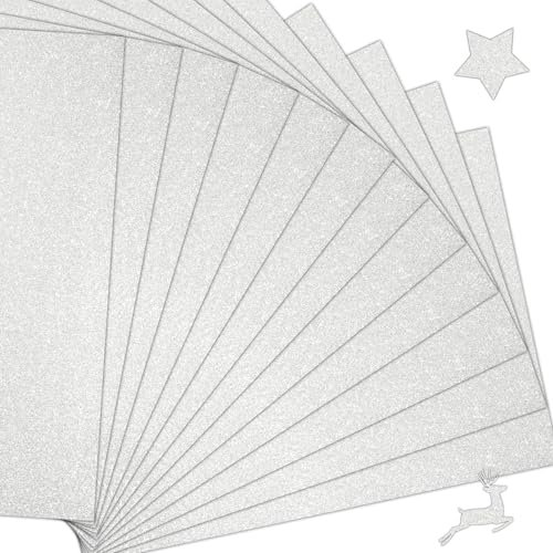 15 Blatt Silber Glitzerpapier zum Basteln, 250g/m² Glitzer Papier 21x29.7cm Glitterkarton, Glitzer Papier für Kinder, Glitter Bastelpapier für DIY Grußkarten, Scrapbooking