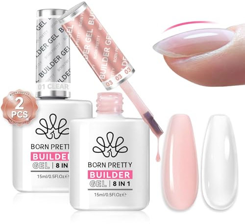Born Pretty Builder Nail Gel 2X15ML - 8 en 1 Clear Nude Gel Construction Ongle U V Gel Ongle de Renforcement, Capsules et Extensions U V LED Ongles Forts et Résistants