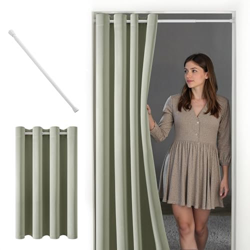 MIULEE blickdicht Türvorhang mit Teleskopstange,ohne bohren einfache Montage, 1 Stück Salbei Grün tür vorhang innen H 200 x B 150 cm für Zimmer tür, Weiß Stange B 70-130 cm, für schrank küchen vorhang