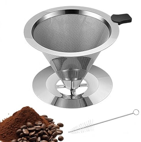 Vyanveo Edelstahl Kaffeefilter Wiederverwendbar Permanent Handfilter Kaffee Coffee Filter mit Tassenhalterung Dripper und Reinigungsbürsten zur Herstellung von Manuellem Kaffee