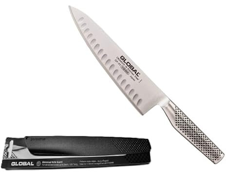 Global GF99 Chef's Knife Fluted Set. Combinazione composta da un Coltello da cuoco con lama alveolata di 20,5 centimetri in acciaio Cromova e il coprilama Modello GKG 103.