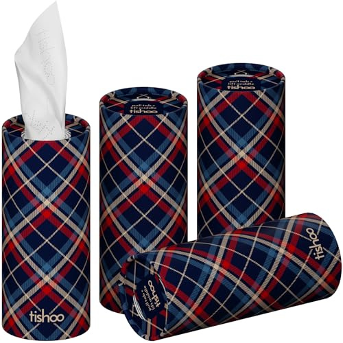 tishoo Hyaluronic Acid-Infused Luxury 4-Ply Tissues | 4 Tubes, Tartan | Indulgent ultra soft tissues for car cup holders, home & travel. Gentle on skin, gorgeous & giftable | 40 sheets each