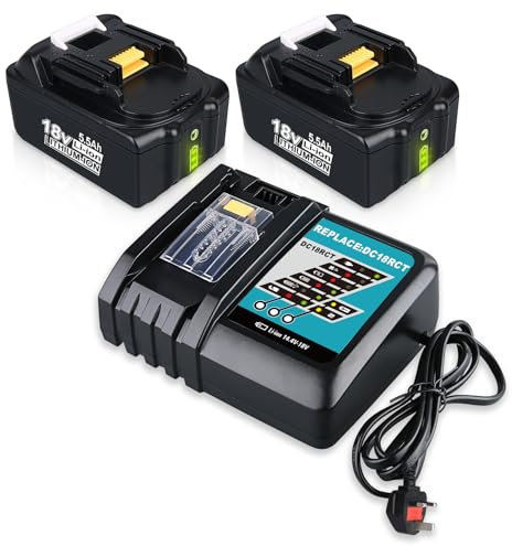 2Packs 5.5Ah 18V BL1860B Battery Li-ion Replacement for Makita 18V Battery + DC18RC 14.4V-18V 3.0Ah Charger Compatible with Makita BL1860B BL1850 BL1860 BL1820 with LED Indicator