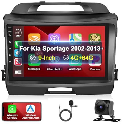 Motorsi 4GB+64GB Carplay Autoradio per Kia Sportage 2010-2016, 9 Android Radio con Wireless Android Auto GPS WiFi Hifi Bluetooth 5.0 RDS FM Navigazione 2USB SWC Canbus+AHD Telecamera Posteriore+MIC