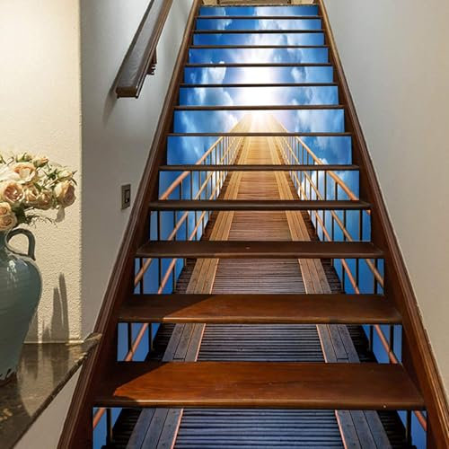 FLFK 3D Puente de madera cielo azul sol auto-adhesivos Pegatinas de Escalera pared pintura vinilo Escalera calcomanía Decoración 39.3 pulgadas x7.08 pulgadas X 15Piezas
