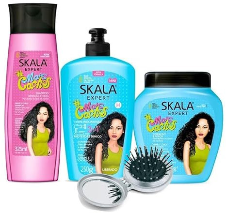 Skala Expert Mais Cachos – Creme für lockiges Haar – Formel 2 in 1 Konditionierung und Entwirrung – Definition von Locken Stärke und Ausdauer (Shampo, Styling-Creme, MaisCachos, Bürste)