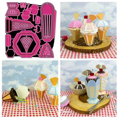 Sredwtk Kirsche Eiscreme Kuchen Geschenkbox Stanzschablonen Schachtel Stanzschablonen Box Metall Prägeschablonen Stanzmaschine Stanzformen Schablonen für DIY 3D Keksbox Süßigkeitenbox