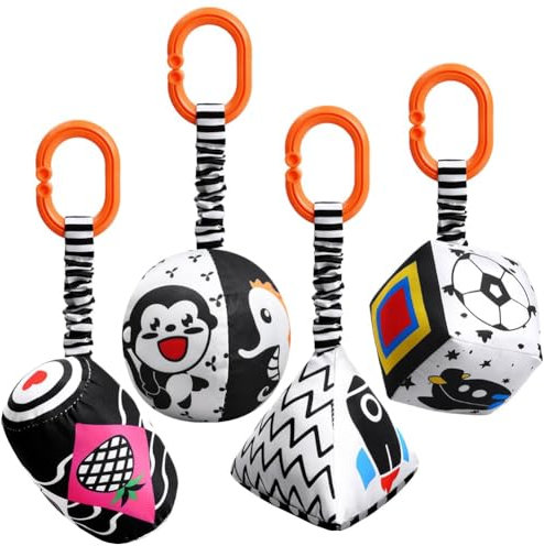 Aolso Kinderwagen Spielzeug, 4Pcs hängendes Rasselspielzeug, Kontrast Spielzeug, Sensorisches LernspielzeugBaby-Hängespielzeug, Neugeborenes Autositz-Spielzeug für Jungen und Mädchen
