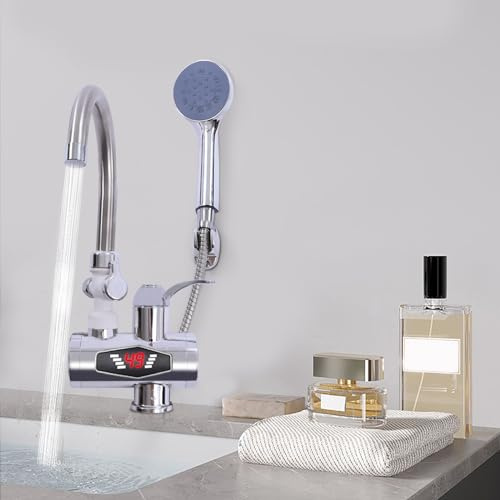 Elektrische Wasserhahn mit Dusche Silber 220V 3000w Durchlauferhitzer 360° Drehen Edelstahl Wasserhahn Küche Armatur Wassererwärmer