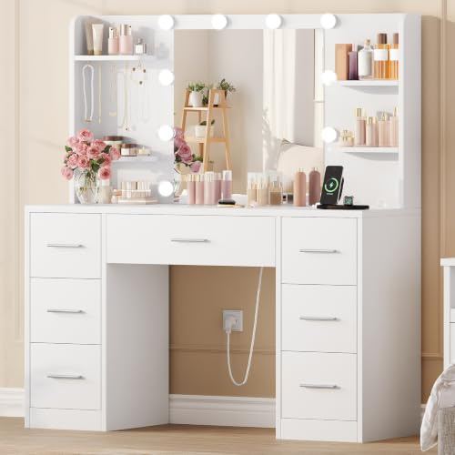 SLINEMO Schminktisch mit Beleuchtung und Spiegel, mit Steckdosen & USB – 7 Schubladen, 4 offene Ablagen & 5 Schmuckhaken, modernes Dressing Table für Schlafzimmer, weiß