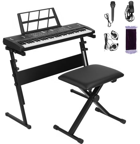 61 Tasten Keyboard Piano Set, Elektronisches Keyboard mit Leuchttasten 300 Sounds 300 Rhythmen 50 Demo Songs, Digital Keyboard mit Mikrofon Kopfhörer Ständer Hocker Lautsprecher für Anfänger (Schwarz)