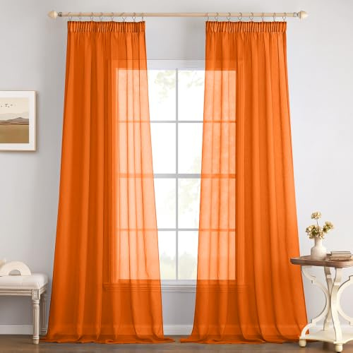 EMEMA Gardinen Vorhänge mit Kräuselband 2er Set B140xH225cm Orange Vorhang | Vorhänge mit Kräuselband Transparente Gardine für Schienensystem Wohnzimmer Luftig Dekoschal Schlafzimmer 140 X 225cm