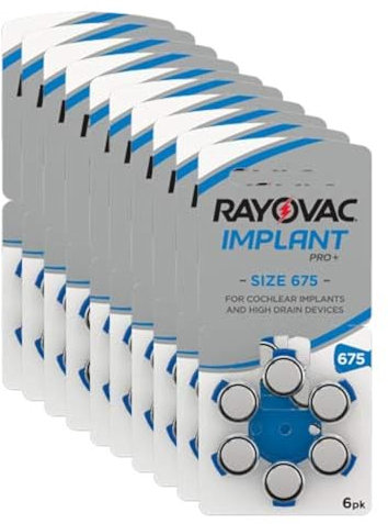 RAYOVAC 675 Implant Pro+, batterie per apparecchi acustici per dispositivo di impianto cocleare, confezione da 60 pile