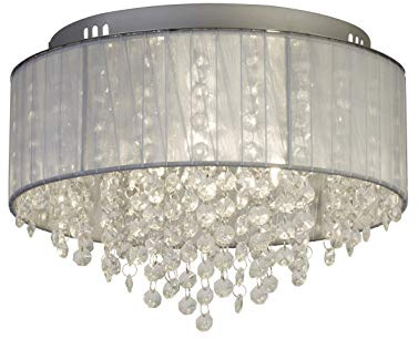 Lighting Collection Elegant and Classy 3 Lights Ceiling Flush with Voile Chiffon Ribbon Wrapped Shade and Glass Droplets, 7 W, Grey