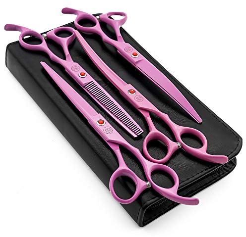 Moontay Professional 7.0 Dog Grooming Scissors Set, 4-Pieces Straight, Upward Curved, Downward Curved, Thinning/Blending Shears for Dog, Cat and Pets, JP Stainless Steel, Pink