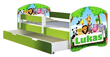 ACMA Kinderbett Jugendbett mit Einer Schublade und Matratze Grün mit Rausfallschutz Lattenrost II 140x70 160x80 180x80 (01 Zoo name, 180x80 + Bettkasten)