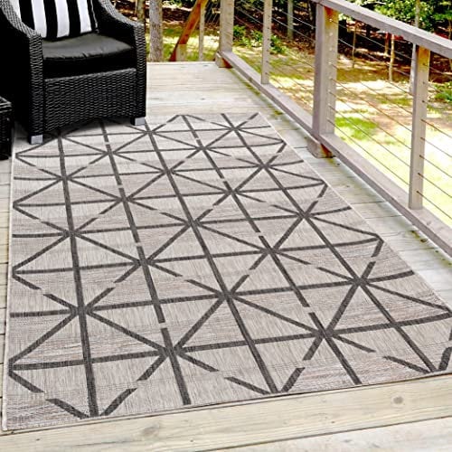 Mynes Home In-& und Outdoor Teppich Grau, Wetterfeste Teppiche für draußen & drinnen, Terrasse und Balkon geeignet, Raute Beige/Grau, 80 x 150 cm