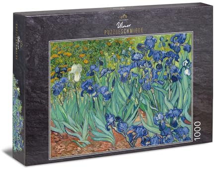 Ulmer Puzzleschmiede - Puzzle Vincent Van Gogh, Iris - Klassisches 1000 Teile Puzzle - Kunst und Gemälde - Puzzlemotiv der Schwertlilien vor bunter Blumenwiese (Van Gogh, Saint-Rémy, 1889)