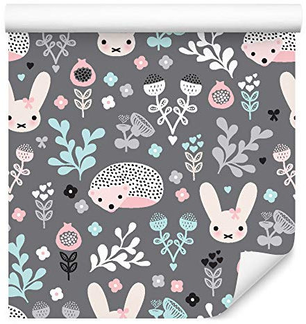 Muralo Tapete 10m Rolle Vlies Tapete Tiere Wildtiere Natur Waldtiere Hasen Igel Vliestapete 1000 x 53cm Wand Tapete Wohnzimmer Kinderzimmer Moderne Wanddeko Wand Dekoration