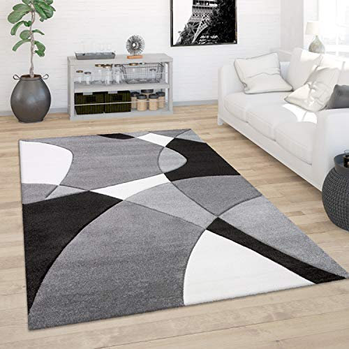 Paco Home Teppich Wohnzimmer Kurzflor Schlafzimmer Modern 3D Optik Geometrisches Muster Konturenschnitt, Grösse:60x110 cm, Farbe:Schwarz Weiß