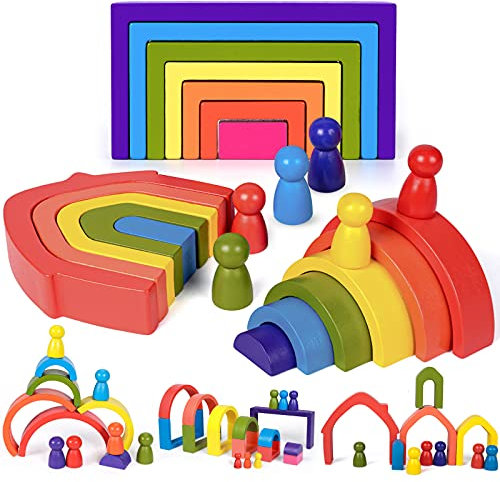 24 PCS Rainbow Wooden Toys Rainbow Stacker Nesting Puzzle Blocks Wooden Montessori Stacking Toys Educational Learning Toy Building Blocks for Toddler Kids Baby Boys Girls