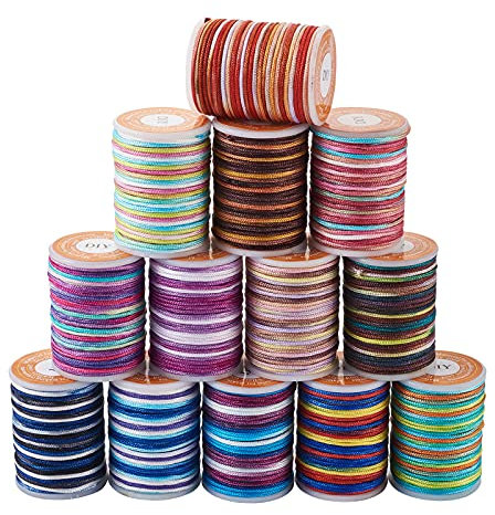 Beadthoven 1 mm Polyesterschnur, 13 Rollen, segmentgefärbt, geflochtene Perlenschnur, chinesisches Knotenseil, Besatz für Schmuckherstellung, Kumihimo Makramee, 5 m / Rolle