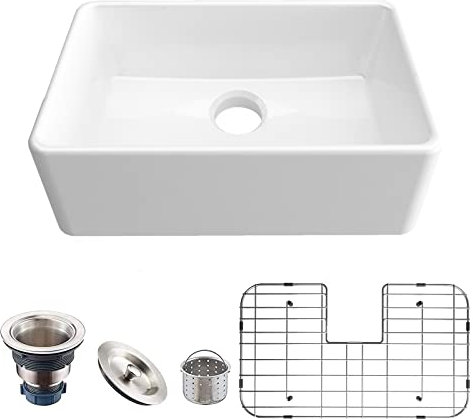 MEJE 61 CM fregadero pequeño de cocina de labranza, fregadero de cerámica, delantal, fregadero frontal, con colador y rejillas de piso, fregadero