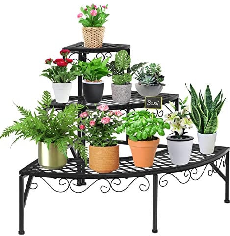 RELAX4LIFE Blumentreppe 3-stufig, Blumenregal aus Metall, Blumenständer mit 3 Ebenen, Pflanzenständer mit Rutschfesten Füßen, Pflanzentreppe für Balkon Terrasse Garten Wohnzimmer